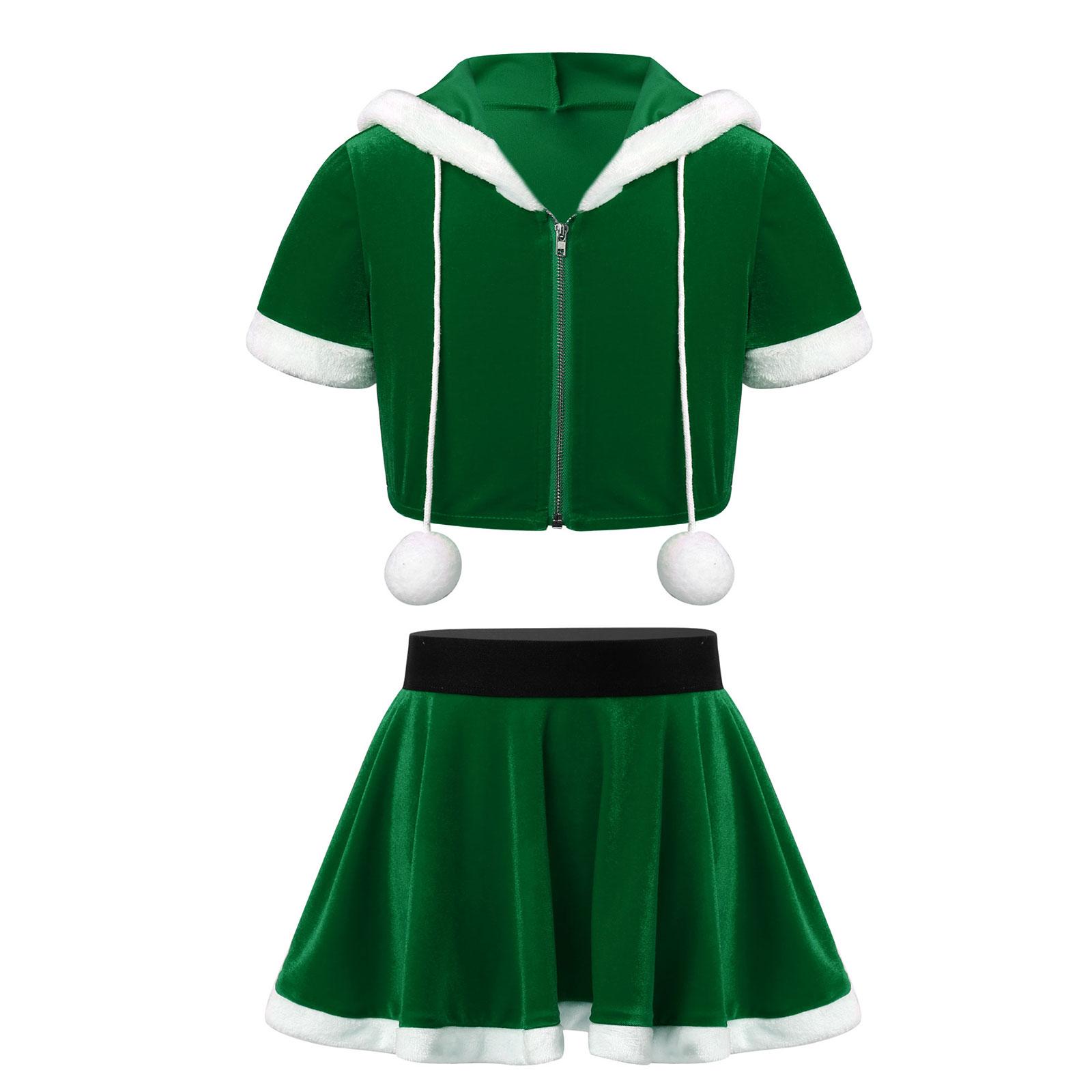 

Kids Girls Christmas Costume Mrs Santa Claus Dress 2Pcs Short Sleeve Flannel Hoodie Tops Tutu Dress Xmas Party Outfits 12-14 Years зелёный