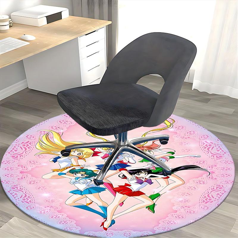 1pc Sailor Moon Anime Cartoon Design Round Carpet Office Chair Mat, NonSlip Rug for Home Decor, Living Room, Bedroom
