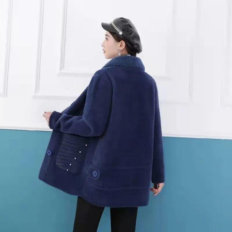 

Осенне-зимняя женская куртка из искусственного меха норки для среднего возраста, однобортное теплое свободное пальто с лацканами, повседневная женская шерстяная верхняя одежда 4XL синий