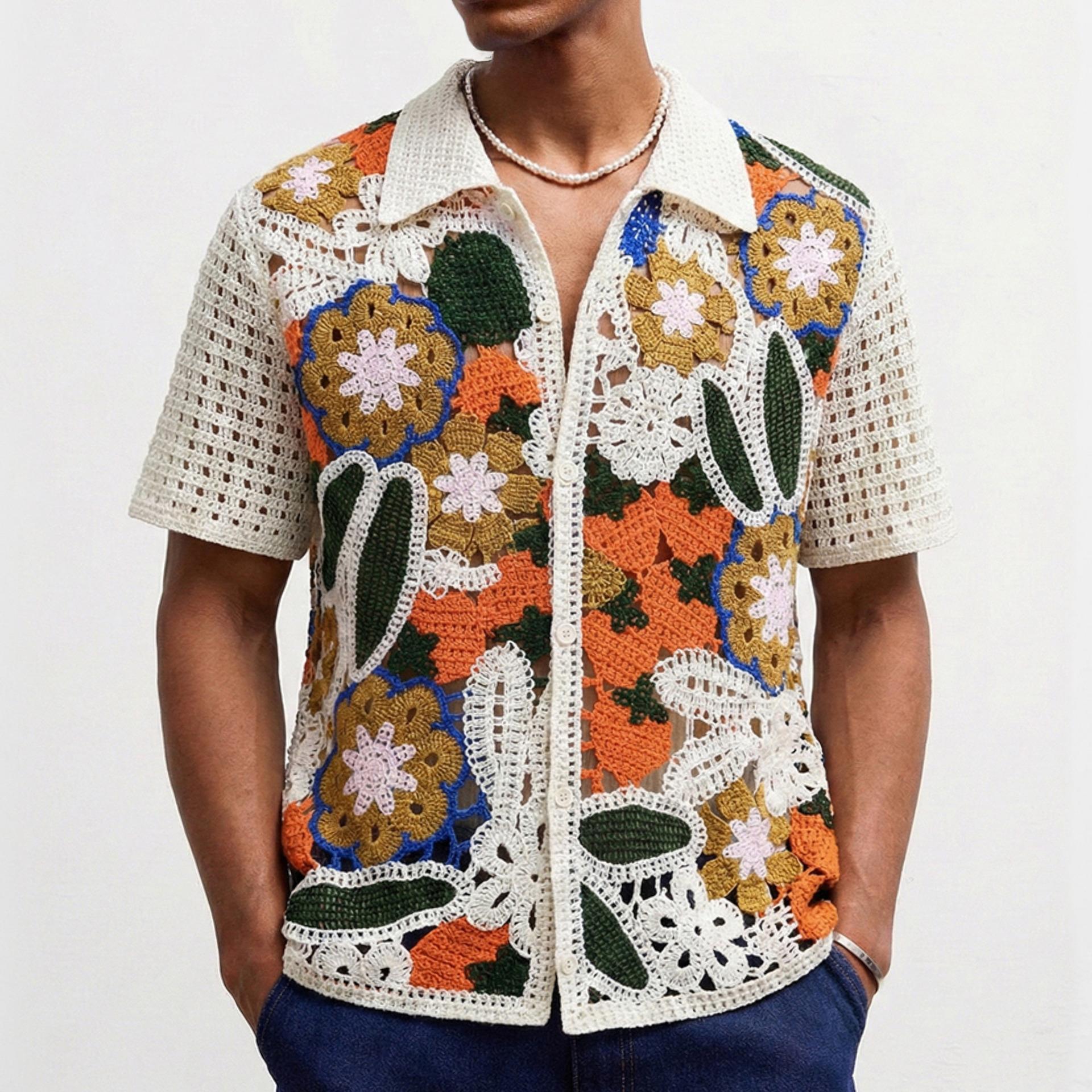 

Knit Short Sleeve Shirt for Men Casual Button Down Shirt Vintage Knitted Golf Beach Collared Shirts Tops Men s Crochet Hollow Out Summer Vacation Top M абрикосовый