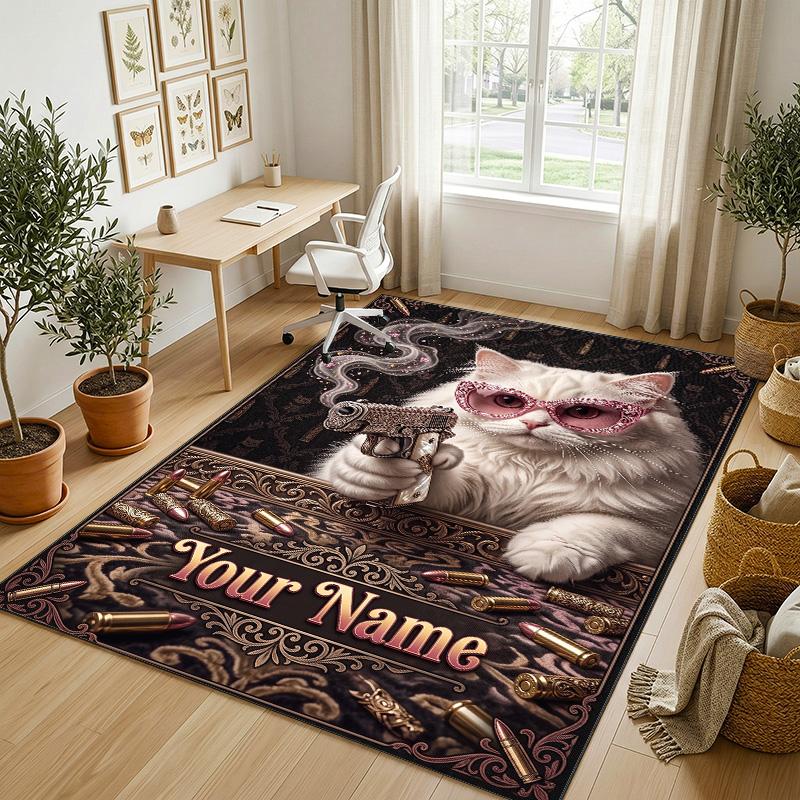 Glamorous Cat Theme Soft Crystal Velvet Rug Custom Name & Text Print Non Slip Floor Rug for Bedroom Living Room