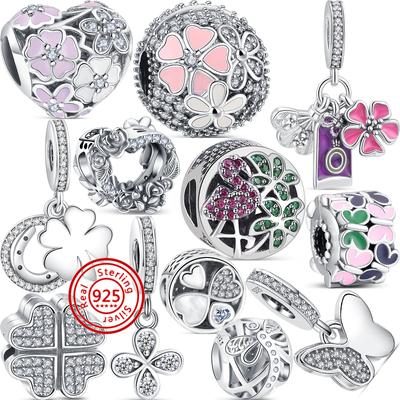 Argento S925 100% Viola Rosa Farfalla Fiori Trifoglio Cuore Perline Moda Adatte Bracciale Charm Originali Gioielli Fini da Donna