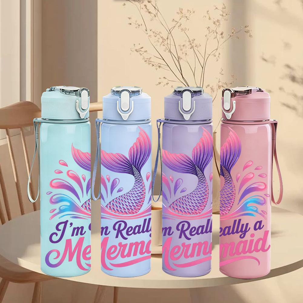1PC Colorful Mermaid Quote 750ml Color Plastic Sports Water Bottle Leakproof Flip Straw Lid Suitable for Sports Office Home Use