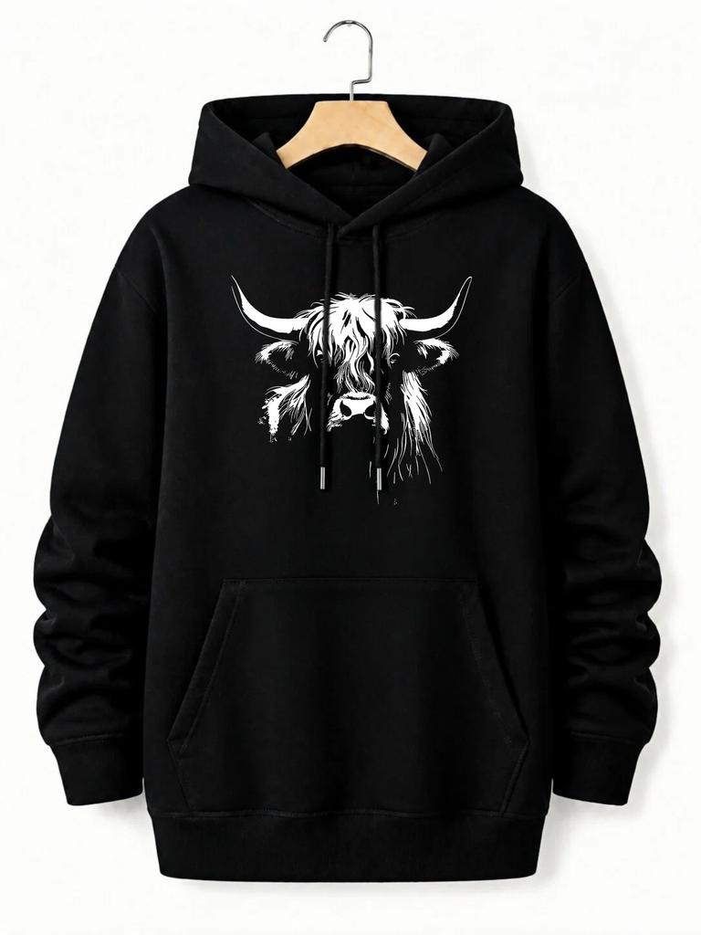 unisex Hoodie, Halloween, Highland Cow Graphic Print, Pullover Sweatshirt, Casual Streetwear Style, Autumn Winter Daily Wear, Front Kangaroo Pocket wi