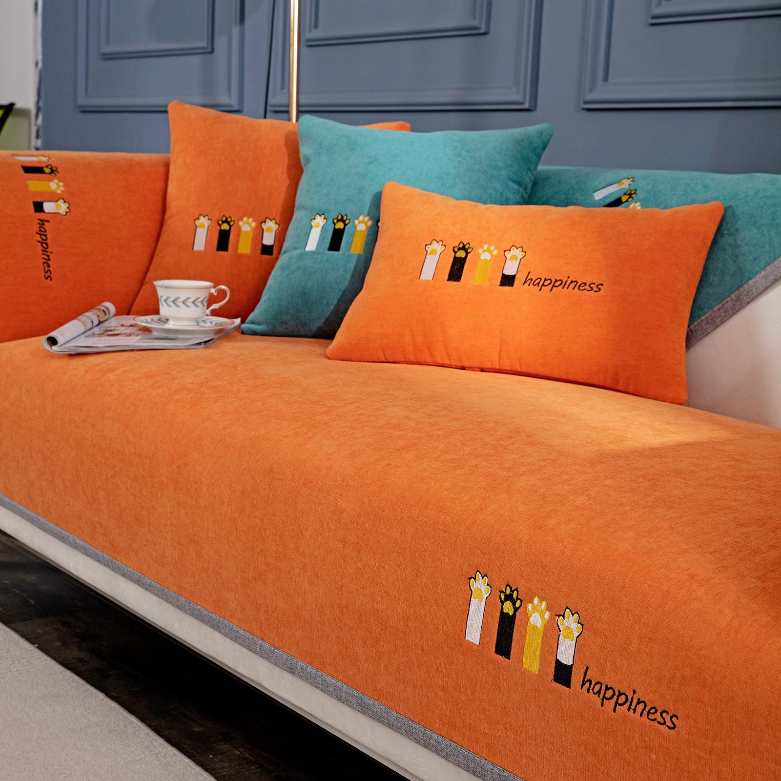

Чехол для дивана с милой мультяшной вышивкой в ​​виде кошачьей лапы, мягкий синельный диван-полотенце, четырехсезонные универсальные чехлы, противоскользящие чехлы для диванов 70*70cm оранжевый