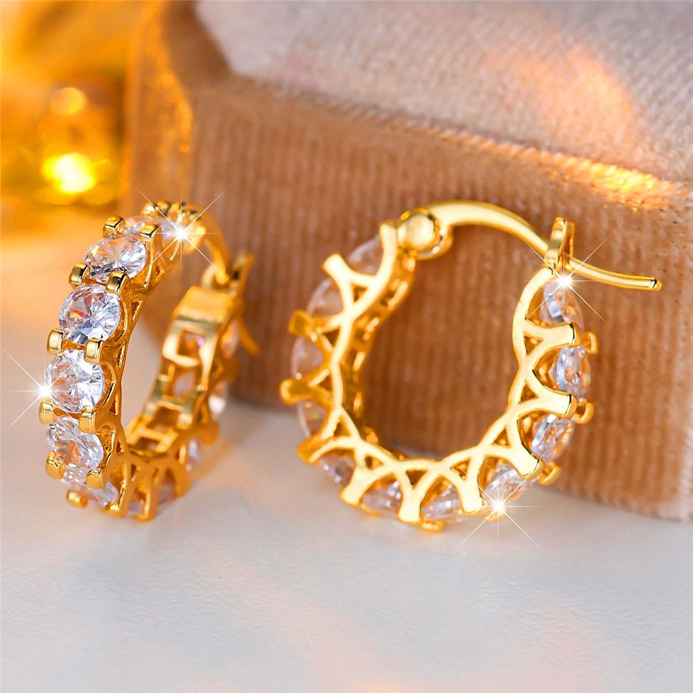 Trendy Crystal White Zircon Round Hoop Earrings For Women Vintage Gold Color Wedding Jewelry