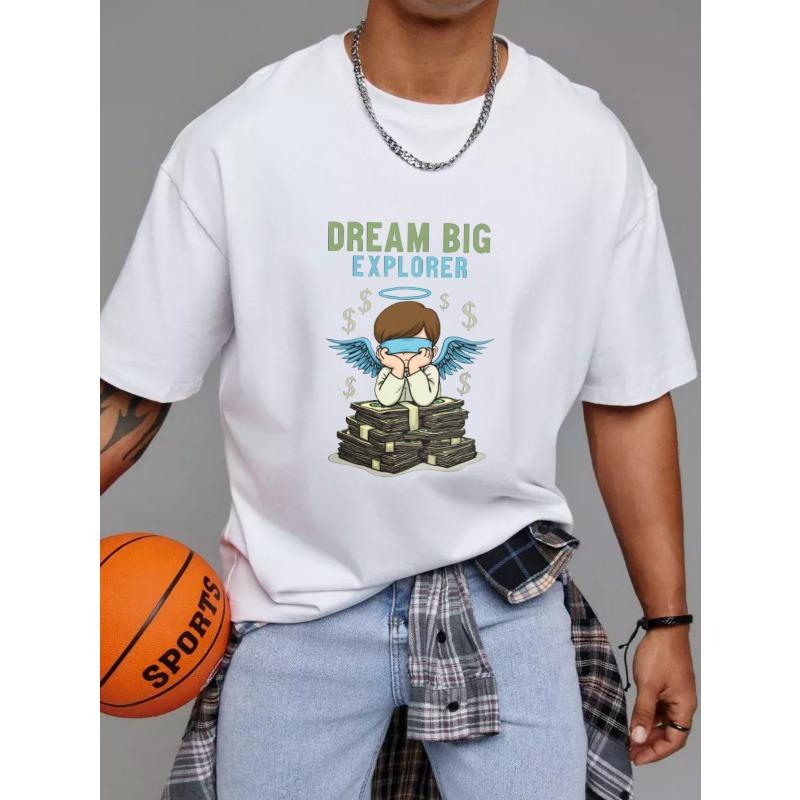Crewneck T Shirt White Dream Big Explorer Angel with Money Stack Graphic for Casual Wear and Street Style