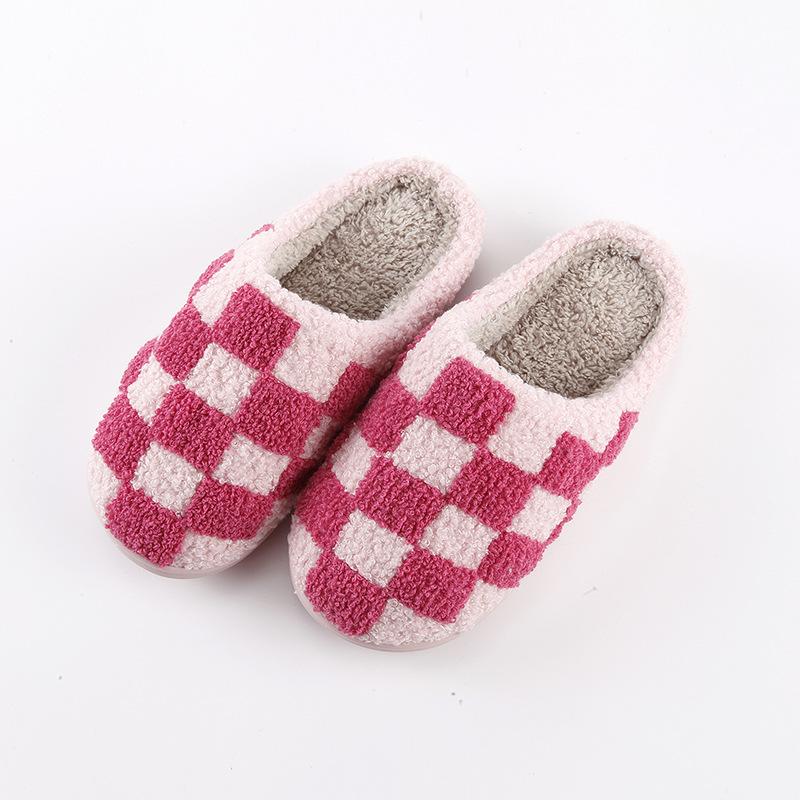 New Comfortable Home Checkerboard Warm Winter Cotton Slippers Couple Men and Women Thick-soled Soft-soled Cotton Shoes Thickened Non-slip