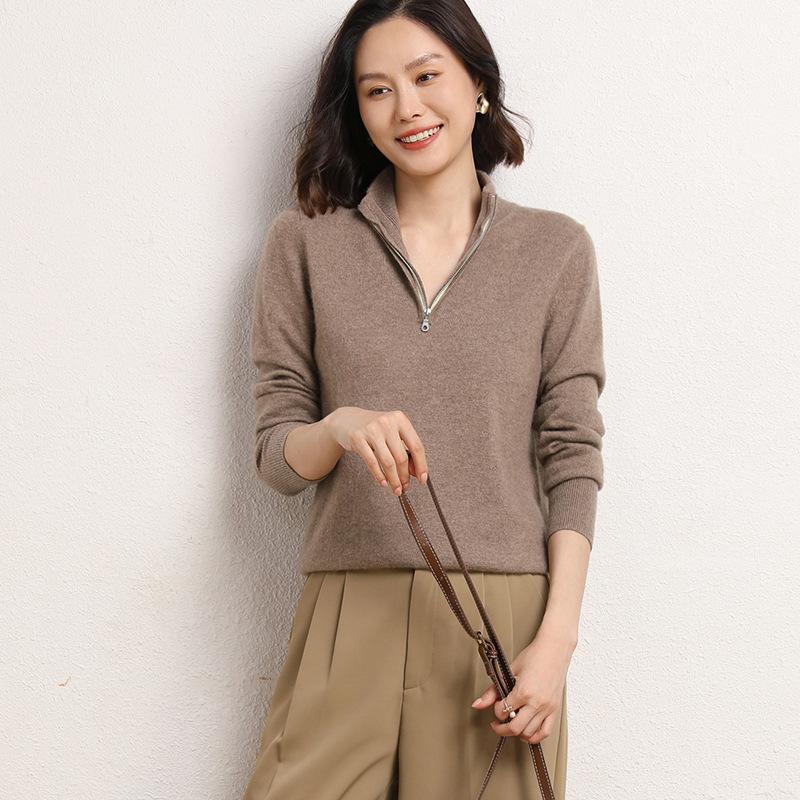 Pull à col roulé zippé en cachemire pour femme en automne et en hiver Pull unicolore Tendance et polyvalent Pull chaud et doux pour la peau