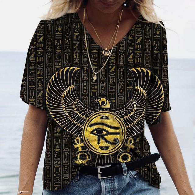 2023 Women's V-neck T-shirt Street Ancient Egyptian Ethnic Costume Print Women's Top Short Sleeve Casual Fashion Women Clothing