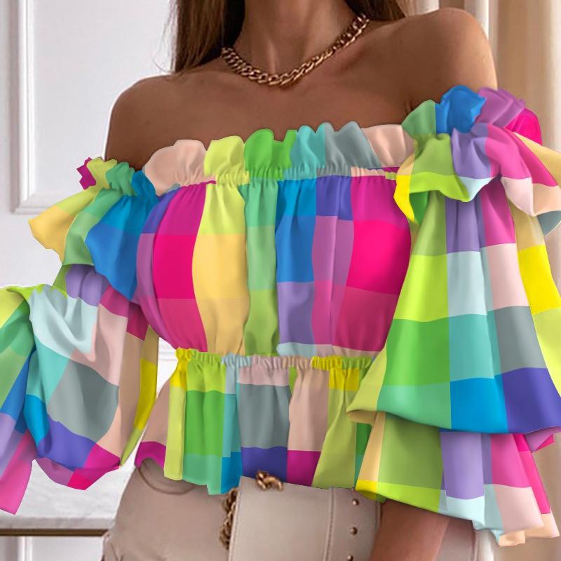 

BITCED Женская летняя модная рубашка на одно плечо со складками XXL розовый/зелёный