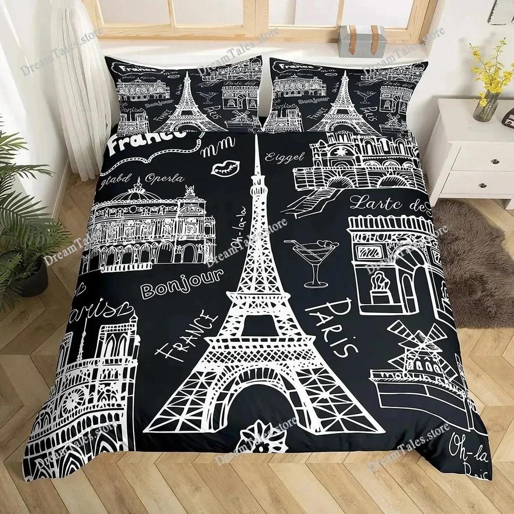 Vintage Eiffel Tower Duvet Cover Set Modern 3D Paris Theme Bedding Sets World Famous City Landscape Comforter Cover Quilt Cover7