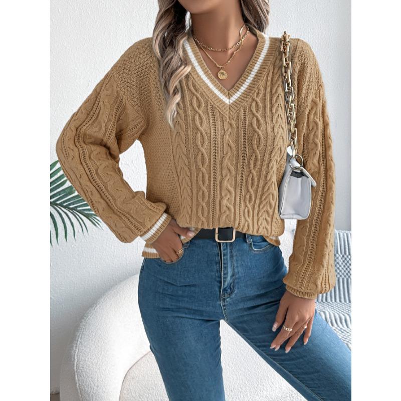 Autumn and Winter V-neck Twist Lantern Long Sleeved Pullover Sweater Women Loose Stripe Tops Ladies Fashion Elegant Casual Office Women's Clothing
