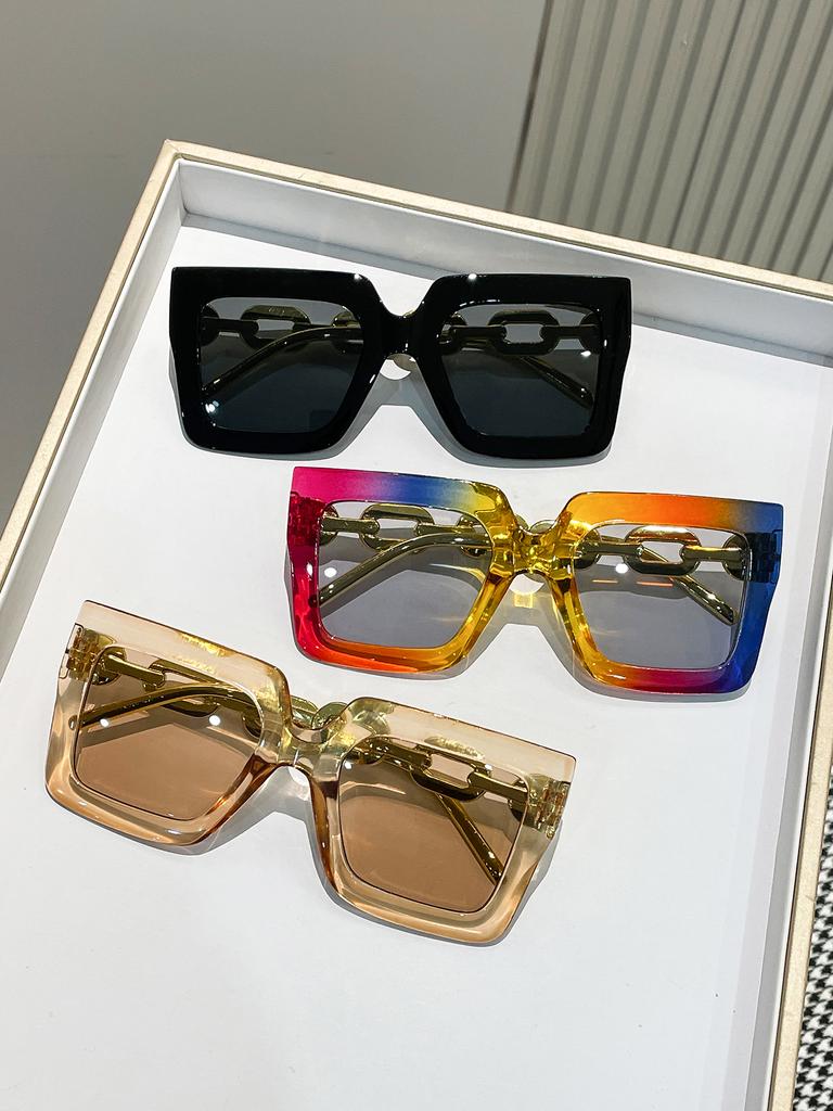 3PCS Large Square Frame Fashion Glasses with Chain Decorated Arm Tips Suitable for Daily Wear Photography And Driving