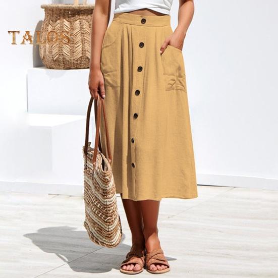 Damen-Midirock, elastisch, hoch tailliert, schlankmachender Stil, wadenlanger Rock mit Taschen, einfarbig, mit Knöpfen verziert, A-Linien-Rock