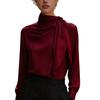 Chemise en Satin à Détails de Ruban – Chemise Longue pour Femme de Luxe Abordable avec un Col Montant pour le Lieu de Travail