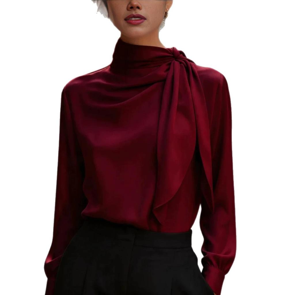 Chemise en Satin à Détails de Ruban – Chemise Longue pour Femme de Luxe Abordable avec un Col Montant pour le Lieu de Travail
