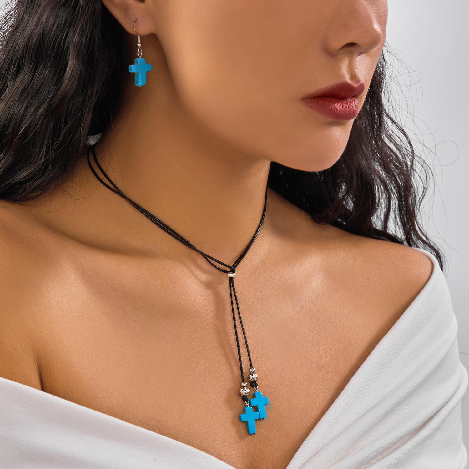 Бирюзовый камень Сердце Подвеска Ожерелье Серьги Набор для Женщин Модный Геометрия Крест Форма Ожерелье Дружба Украшения Подарки