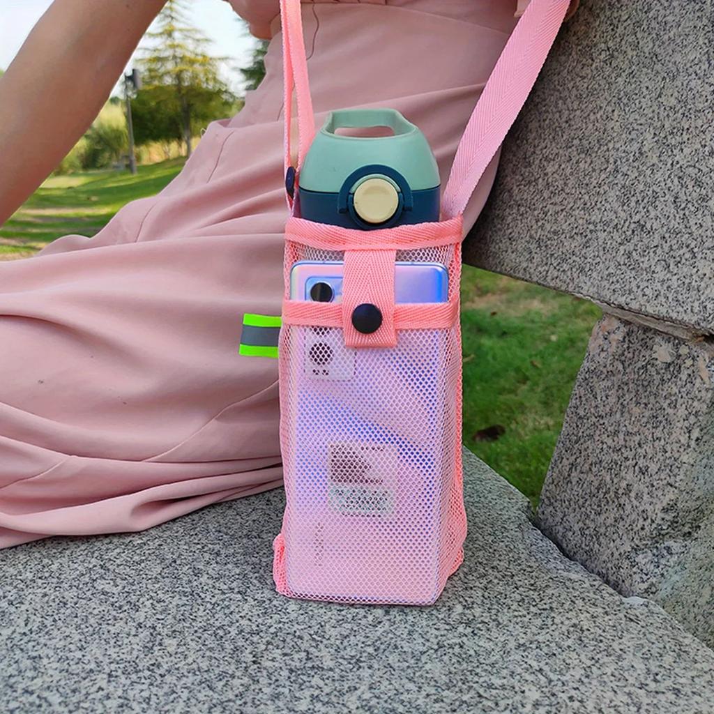 Water Bottle Mesh Cup Pouch Shoulder Carrier Mug Holder Bag Portable Mobile Phone Carry Bag for Outdoor Sports Camping