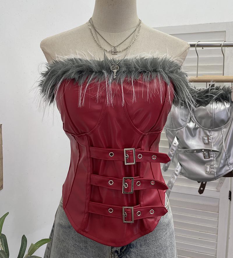 

Retro Strapless PU Leather Fur Crop Top with Chest Pads and Waist-Cinching Buckles One Size красный