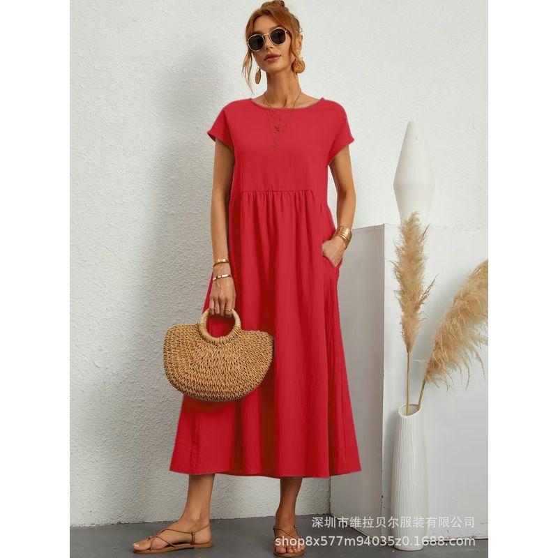 Short-Sleeve Pocket Women's Dress Short Sleeve Loose Pockets round Neck Pleating Dress