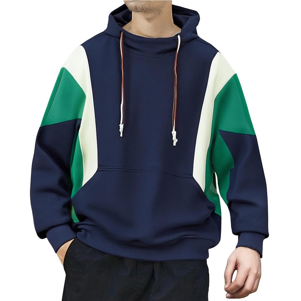 Men's Color Block Hoodie Sweatshirt Long Sleeve Hooded Drawstring Pullover Shirt Outdoor Walks Blouse With Pocket