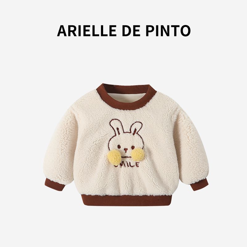 French Arielle De Pinto Girls  Fleece Sweatshirt Autumn and Winter Sweet Girl Bunny Outfit Fashionable Beige 130