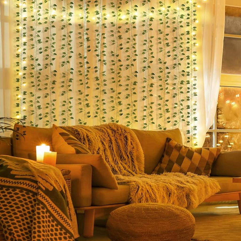 10m/5m/2m Green Leaf Garland LED String Light Fake Plant Greenery Leaves Ivy Hanging Vines For Wedding Home Wall Decoration Xmas