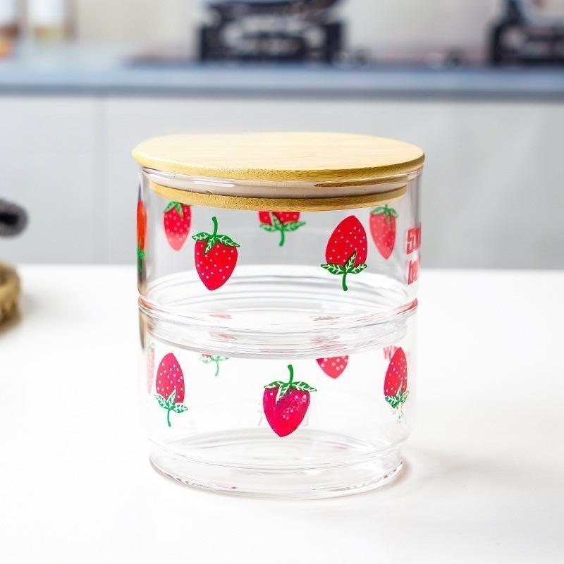 Korean Strawberry Glass Bowl with Bamboo Lid Cute Cherry Snack Box Fruit Capacity Fresh Box Jars with Lid for Kitchen StorageJar