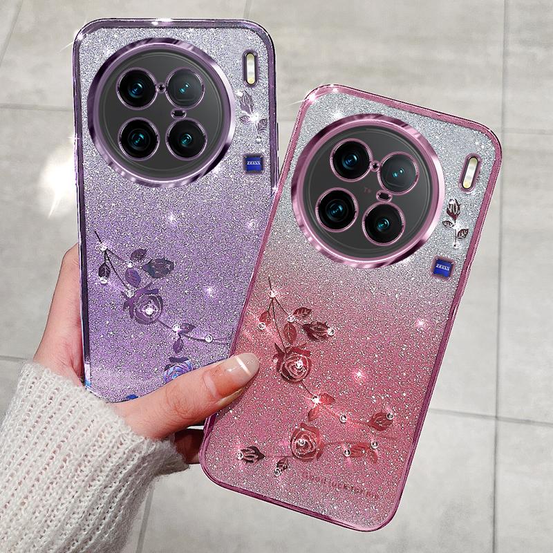 KADEM For vivo X90 Pro 5G Rhinestone Decor Flower Pattern Soft TPU Back Cover Gradient Glitter Powder Protective Case