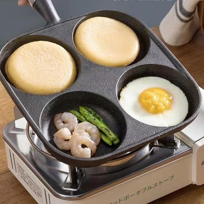Cast Iron 4-Hole Frying Pan for Burgers, Eggs & Pancakes - Universal Induction Cooker Safe