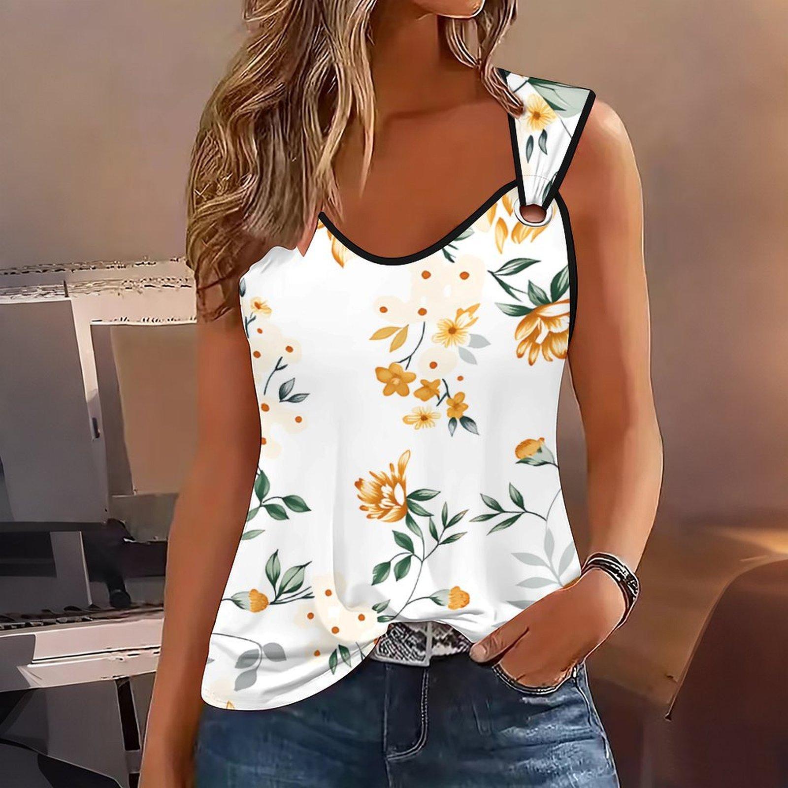 

Ladies Outdoor Casual Sports Double Loop Buckle Vest with Flower Print Pattern ,V-neck, Sleeveless, Medium Stretch Fabric S золотой