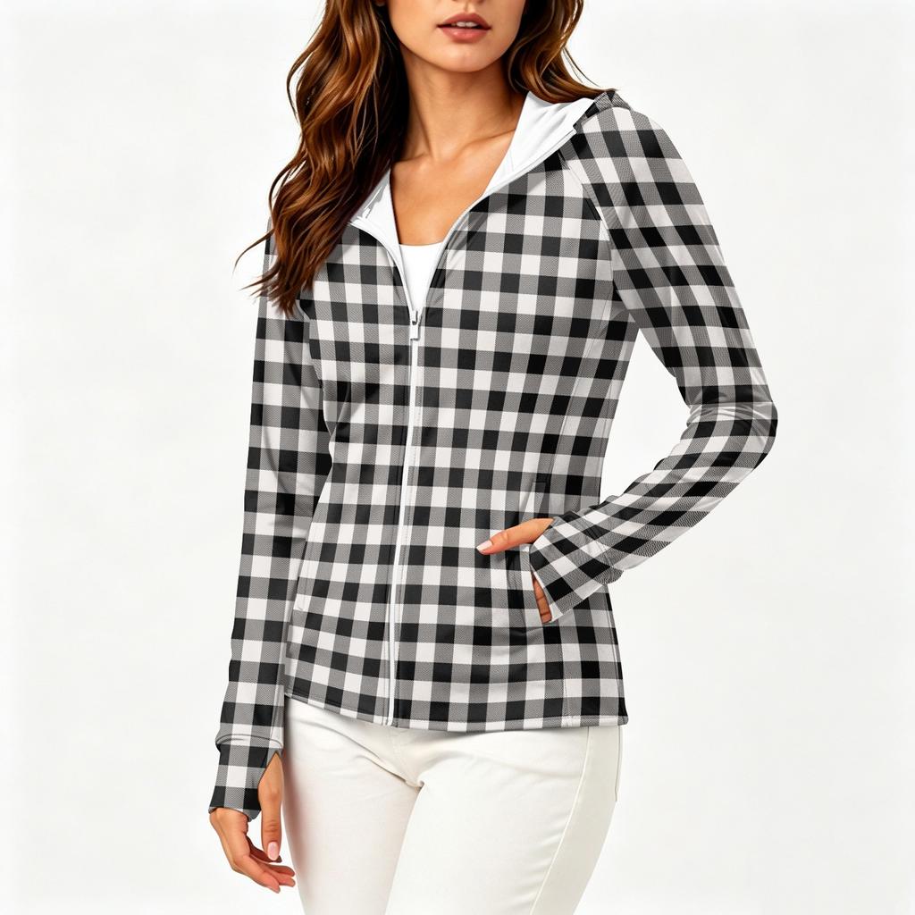 Women's Fashion Zip Up Hoodie Lightweight Long Sleeve Hooded Jacket with Pockets and Printed Design for Sun Protection
