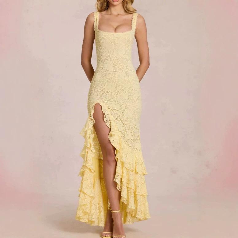 Women's Lace Maxi Dress Sleeveless Square Neck High Low Ruffle Hem Party Dress