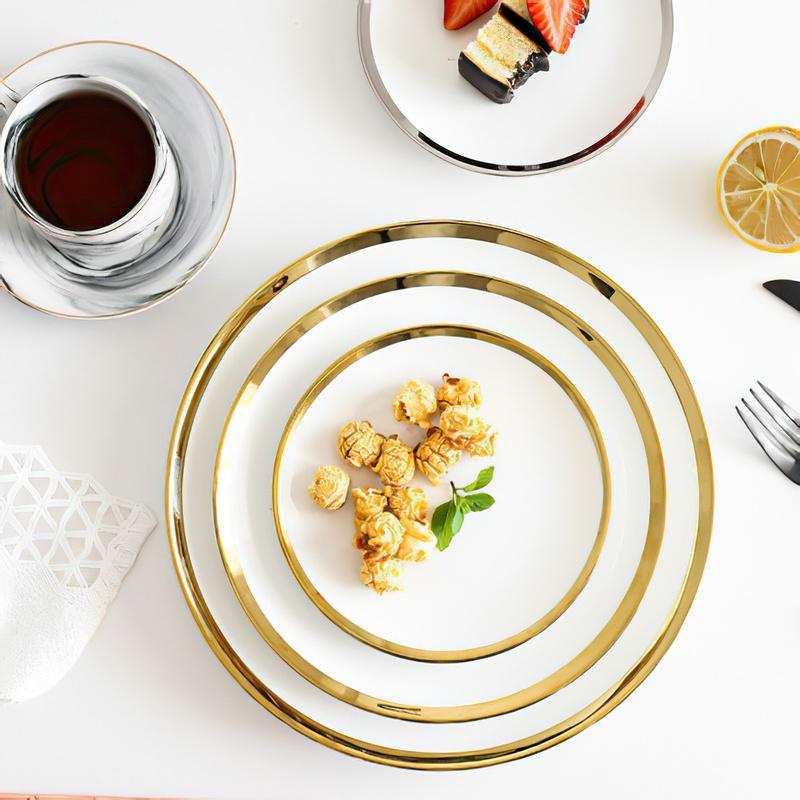 Ceramic Plate Round White Phnom Penh Silver 6/8/10Inch Edge Nordic El Bone Porcelain Western Snack Dish Home Kitchen Supplies