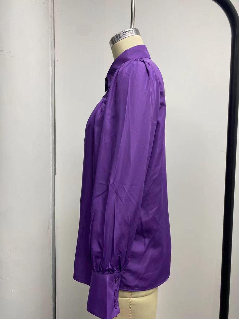 2024 Buckle Top Lantern Sleeve Pleated Solid Color Loose Long Sleeve Stand Collar Shirt for Women