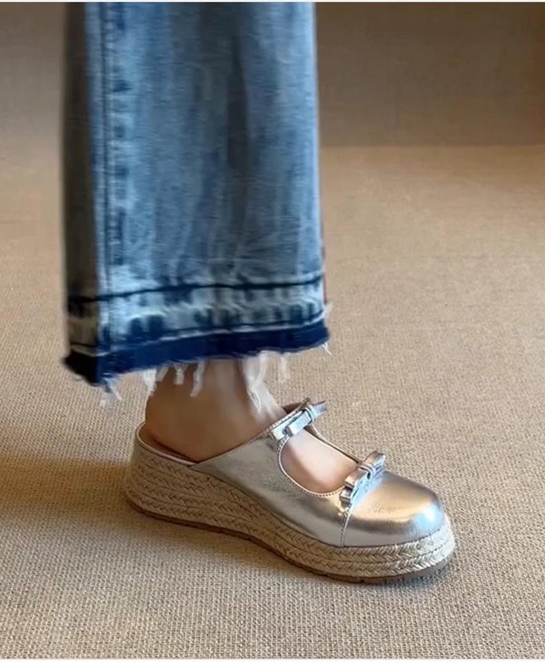 

Wedge heel bag head half slippers women s 2025 new summer bow one pedal half drag sandals straw fisherman shoes 40