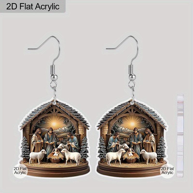 

2D Плоская Ретро Сцена Рождества Богоявление Иисус с Овцами Узор Христианский Дух Религиозная Живопись Акриловые Серьги Бижутерия для Женщин