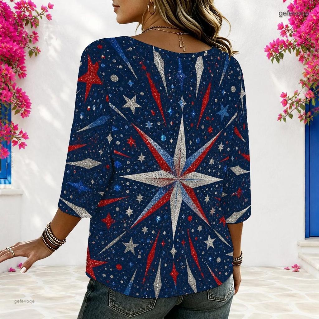 Women Plus Size Round Neck Half Sleeve Star Printed Navy Blue Loose Blouse