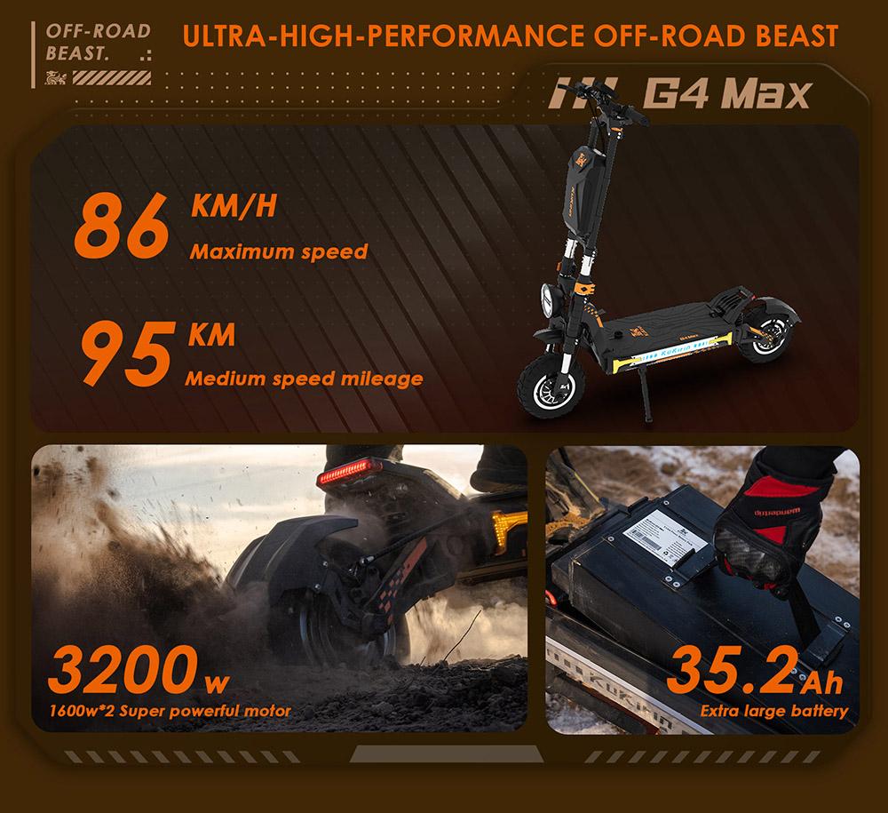 KuKirin G4 Max Off-Road Electric Scooter, 2*1600W Brushless Hub Motor, 12-inch Off-road Pneumatic Tires, 60V 35.2Ah Battery