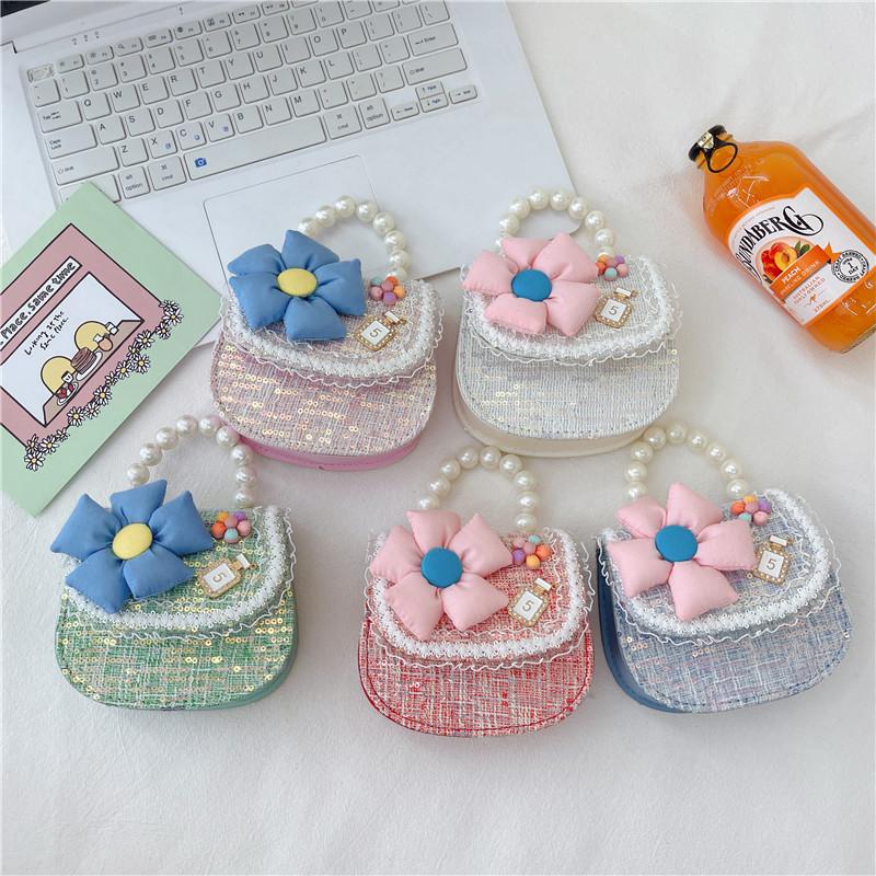 Adorable Pearl Handbag For Girls Sparkling Flower Sequin Shoulder Bag Kids Crossbody Spring Summer 2023