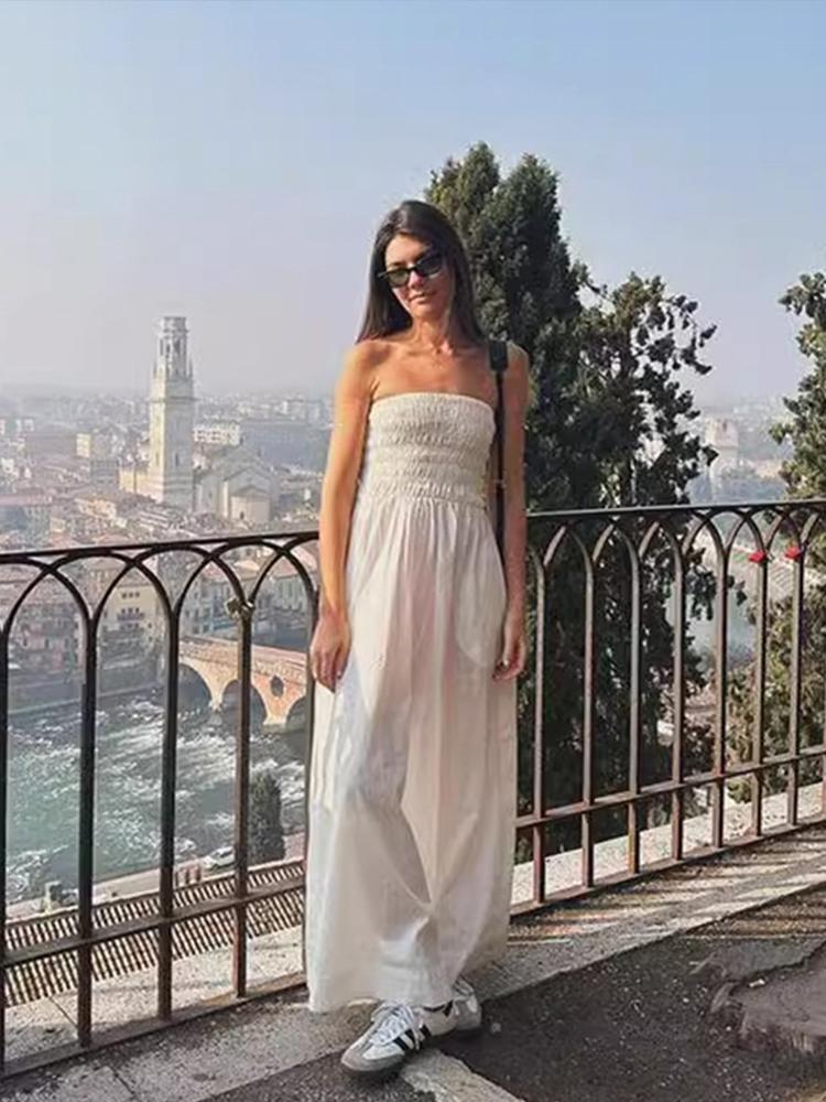 Полосатое платье миди без бретелек — фото 5