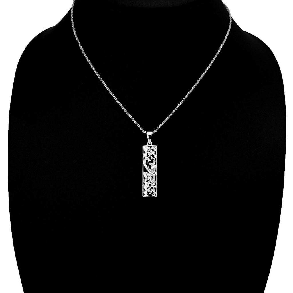 Leilani Hawaiian Jewelry Scroll Plumeria Openwork Plate Silver Necklace Pendant for Men, 925 Sterling Silver (Includes 55cm Rope Chain)