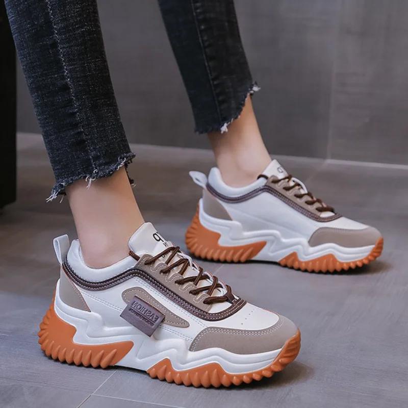 Women Mixed Color Chunky Platform Sneakers Spring Fashion Thick Soled Vulcanized Shoes Woman Lace Up Increase Casual Sports Shoe