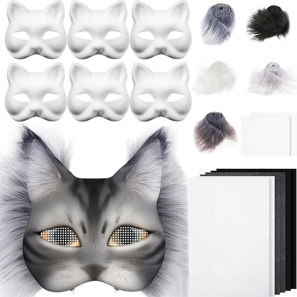 Lustiges Therianer Masken-Set Katzen Füchse Maske mit Fellen Augennetzen DIY Pelzige Tiermaske zum Bemalen für Halloween Cosplay Party