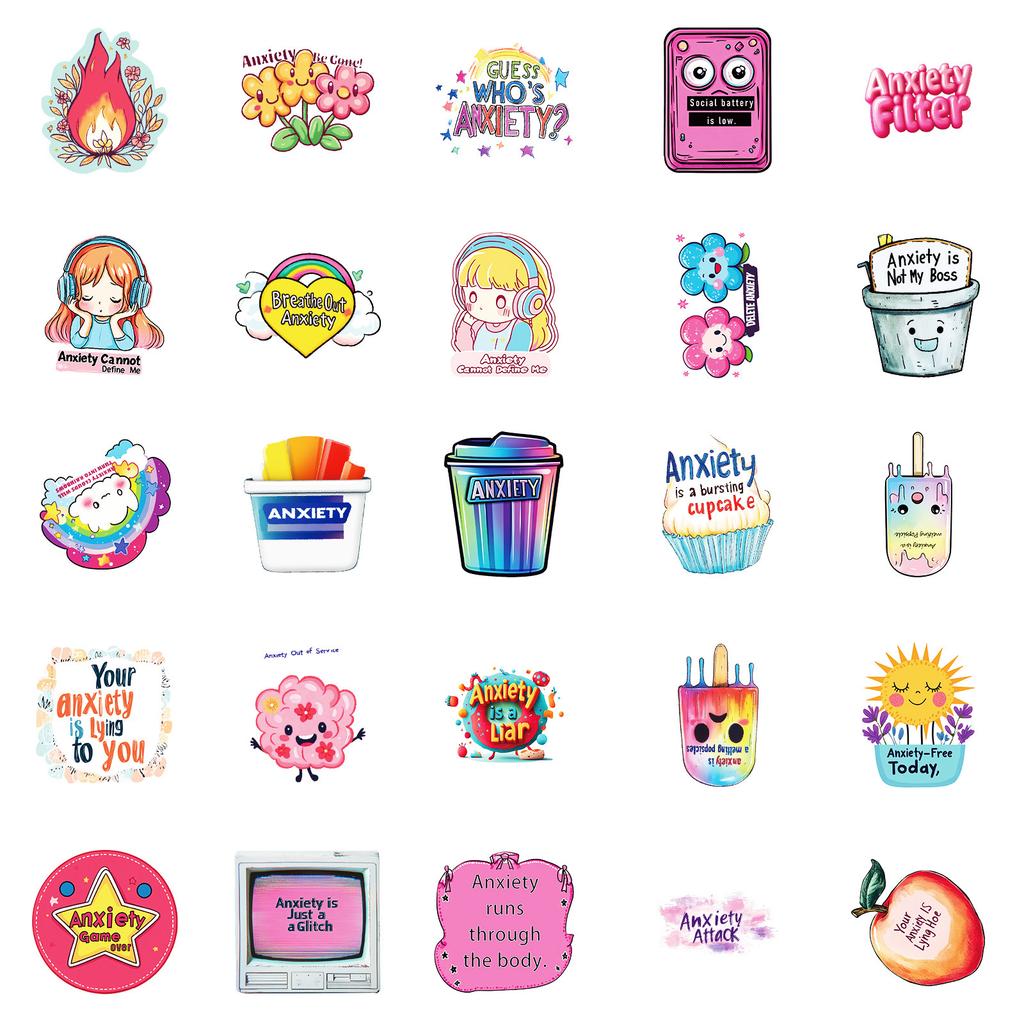 50PCS Anxiety Quote Cartoon Graffiti Stickers, English Anxiety-Themed Phrases Decorative Stickers