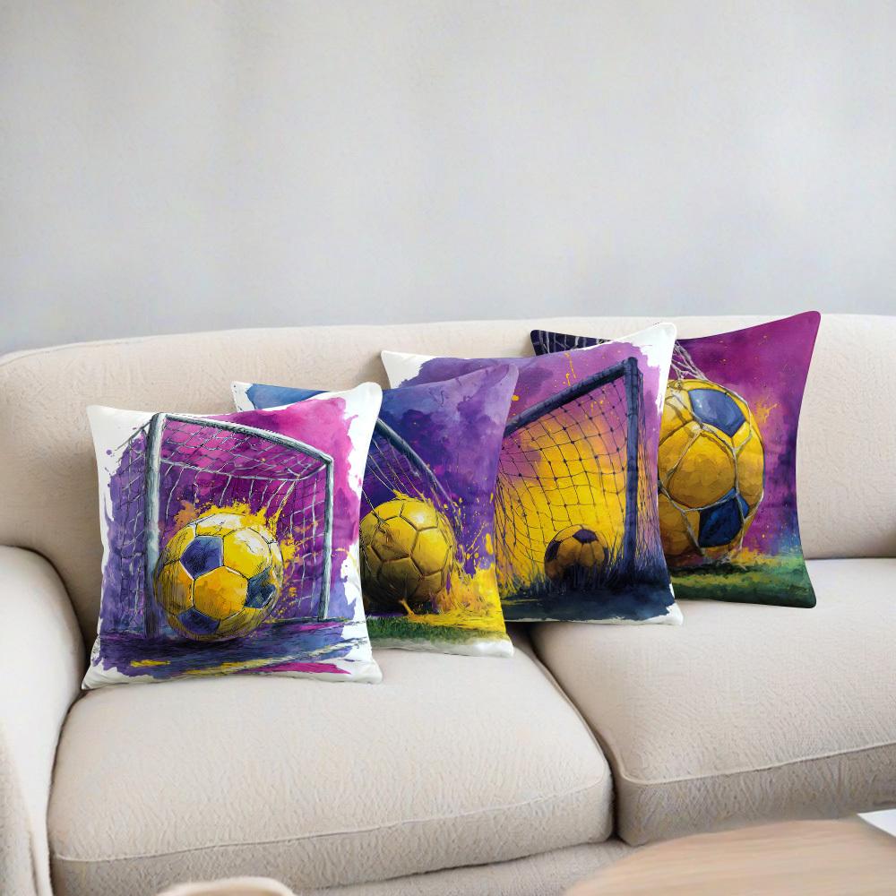 Watercolor Soccer Ball Throw Pillow Covers, Football Goal Net Print Cushion Cases, Sports Fan Decor For Bedroom Living Room