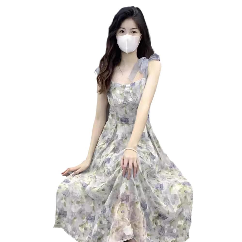 Rochie de vară florală cu bretele - Design lung de zână franțuzoaică