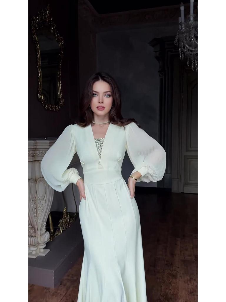 Retro-Langarmkleid Frühjahr 2025 - Damen Elegantes Europäisches und Amerikanisches Styling