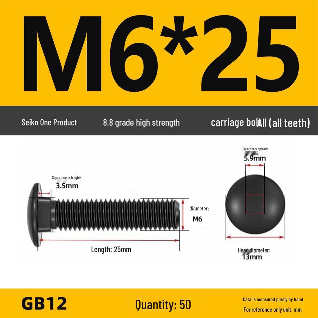 High-Strength Grade 8.8 Carriage Bolts: Round Head, Square Neck, M6-M16 Sizes for Shelf and Bridge Frames